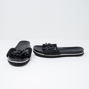 Zara Beaded Embellished Sparkle Open Toe Flat Slip On Slides Shoes Black 8